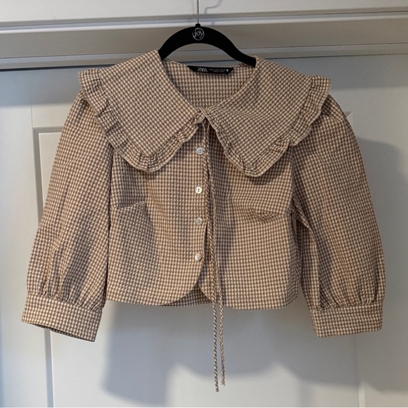 Zara Tops - Zara Beige Gingham Ruffle Collar Blouse